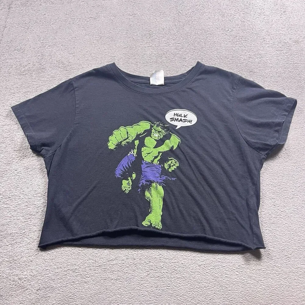 Marvel The Incredible Hulk Crop Top T-Shirt Ladies Size S Black Raw Hem Graphic